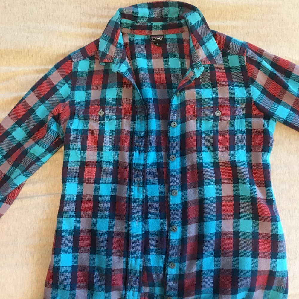 Patagonia Fjord Flannel LS Shirt, Size 2, Teal and Burgundy